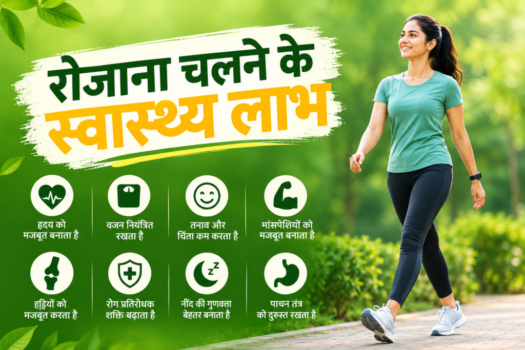 रोजाना पैदल चलने से वजन, दिल, ब्लड शुगर, तनाव और नींद पर क्या असर पड़ सकता है? जानिए रोज चलने के स्वास्थ्य लाभ आसान हिंदी में।